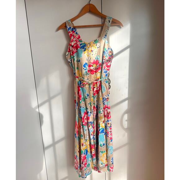 Vintage 80s Floral Print Sundress Size Small Made USA KNee length Tan Red - Picture 2 of 6